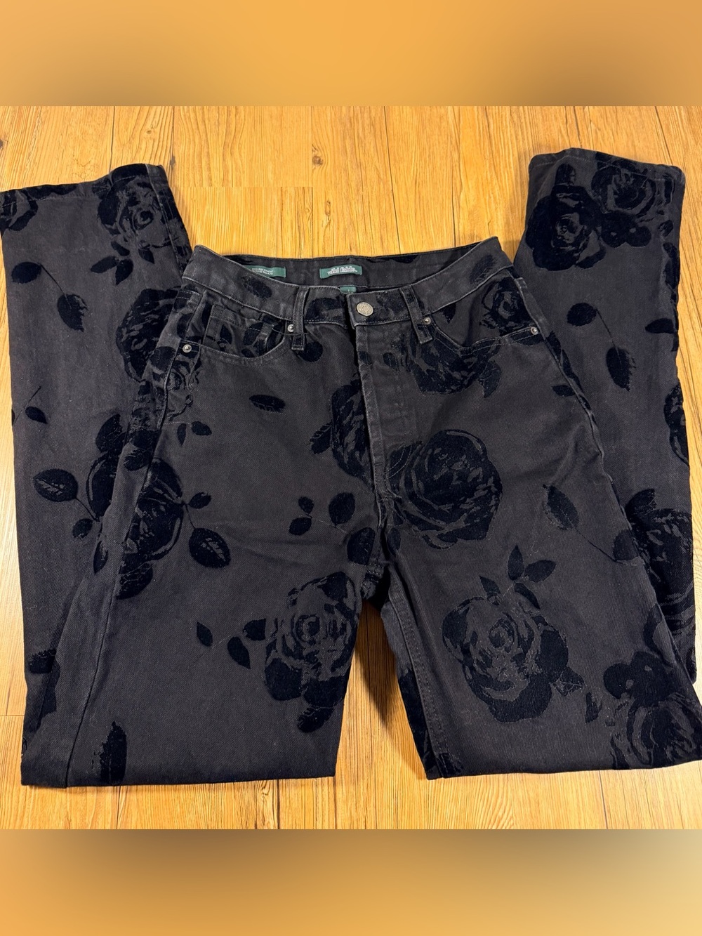 Wild Fable Black Velvet Flocked Rose High Rise Straight Jeans Floral Goth
